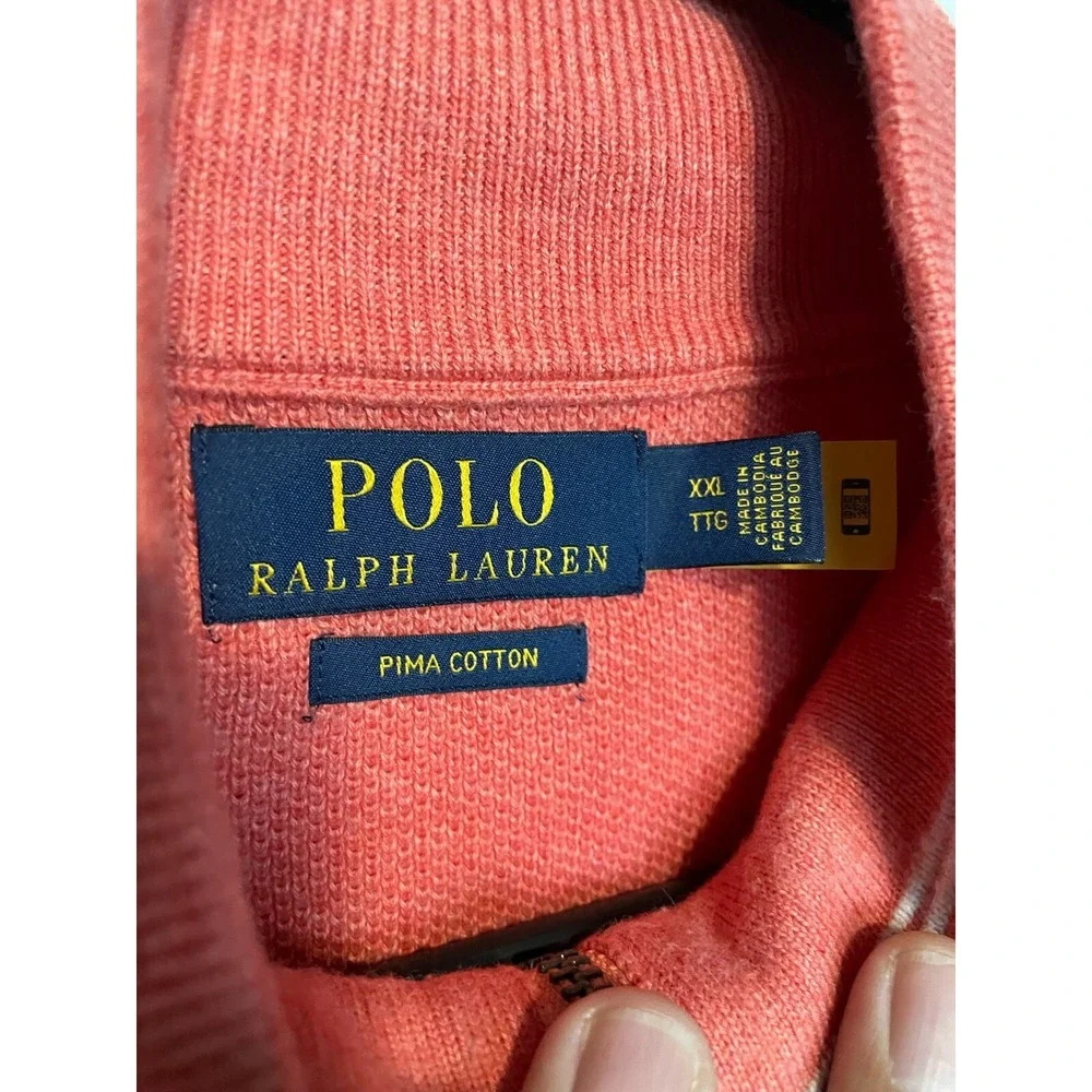 Polo Ralph Lauren 1/4 Zip Sweater Mens XXL Coral Pink Pima Cotton Pique Pony